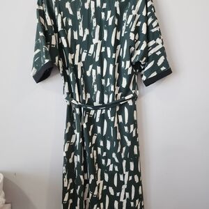 Green and Cream Brushstroke Belted Midi Dress